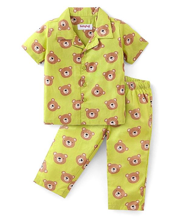 Babyhug Cotton Woven Half Sleeves Night Suit With Bear Print - Green