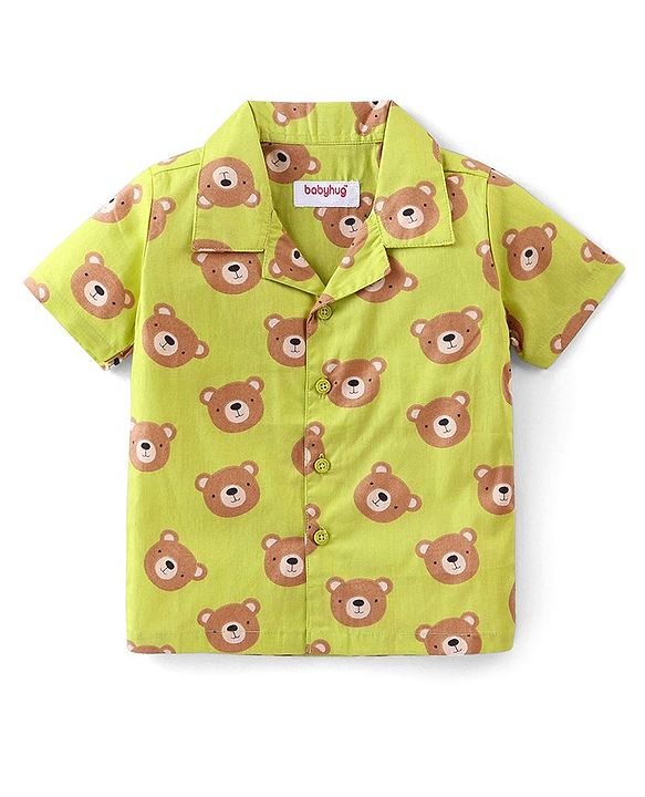 Babyhug Cotton Woven Half Sleeves Night Suit With Bear Print - Green