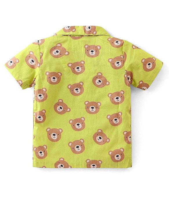 Babyhug Cotton Woven Half Sleeves Night Suit With Bear Print - Green