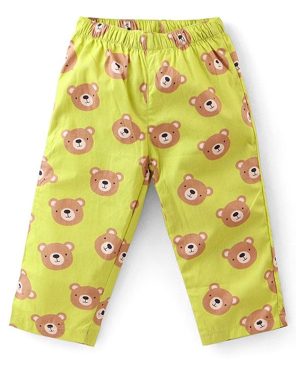 Babyhug Cotton Woven Half Sleeves Night Suit With Bear Print - Green