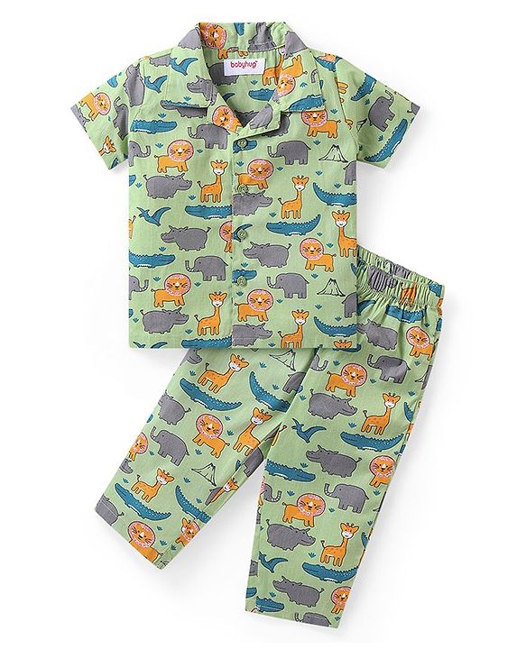 Babyhug Cotton Woven Half Sleeves Night Suit With Animal Print - Green