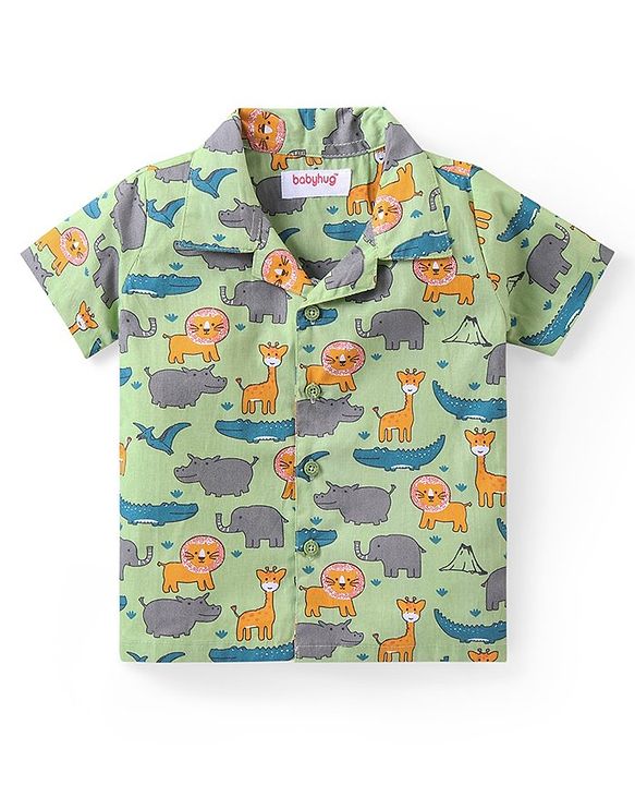 Babyhug Cotton Woven Half Sleeves Night Suit With Animal Print - Green