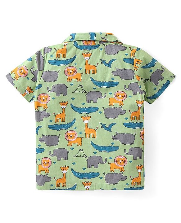 Babyhug Cotton Woven Half Sleeves Night Suit With Animal Print - Green
