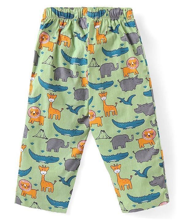 Babyhug Cotton Woven Half Sleeves Night Suit With Animal Print - Green