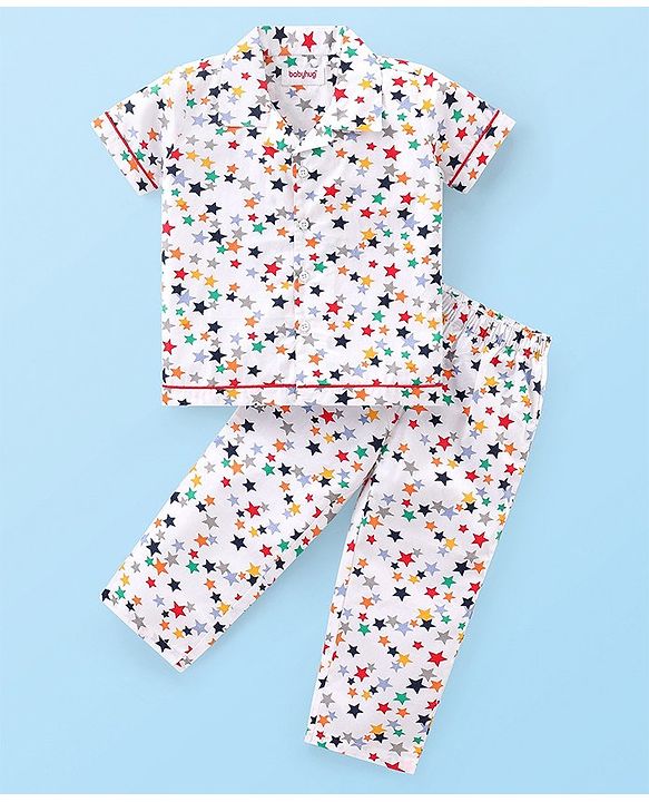 Babyhug Poplin Woven Half Sleeves Night Suit With Star Print - White