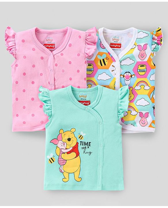 Babyhug Disney Cotton Knit Frill Sleeves Front Open Jhablas with Polka Dots & Winnie The Pooh Print Pack of 3  - Pink White & Green