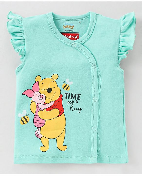 Babyhug Disney Cotton Knit Frill Sleeves Front Open Jhablas with Polka Dots & Winnie The Pooh Print Pack of 3  - Pink White & Green