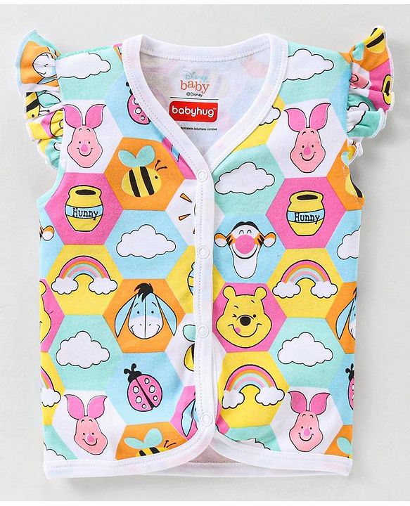Babyhug Disney Cotton Knit Frill Sleeves Front Open Jhablas with Polka Dots & Winnie The Pooh Print Pack of 3  - Pink White & Green