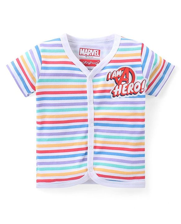 Babyhug Marvel Interlock Cotton Knit Half Sleeves Front Open Jhablas with Stripes & Avengers Graphics Pack of 3 - White & Yellow