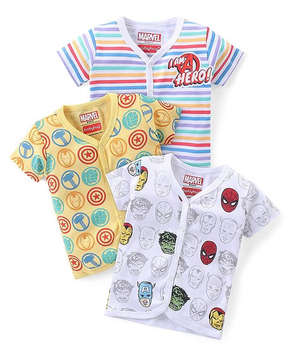 Babyhug Marvel Interlock Cotton Knit Half Sleeves Front Open Jhablas with Stripes & Avengers Graphics Pack of 3 - White & Yellow