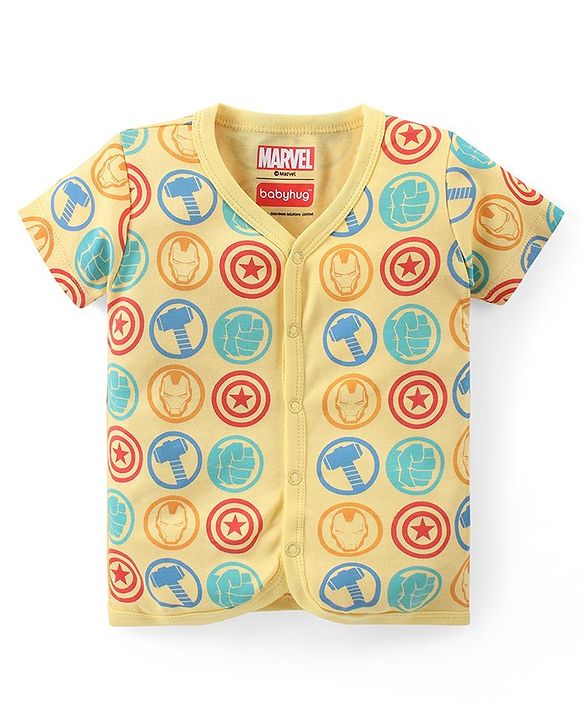 Babyhug Marvel Interlock Cotton Knit Half Sleeves Front Open Jhablas with Stripes & Avengers Graphics Pack of 3 - White & Yellow