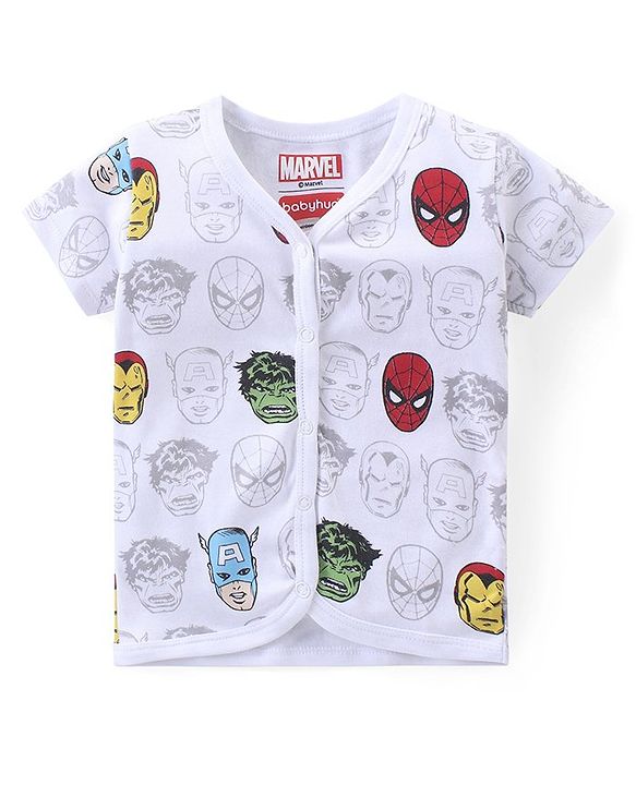Babyhug Marvel Interlock Cotton Knit Half Sleeves Front Open Jhablas with Stripes & Avengers Graphics Pack of 3 - White & Yellow