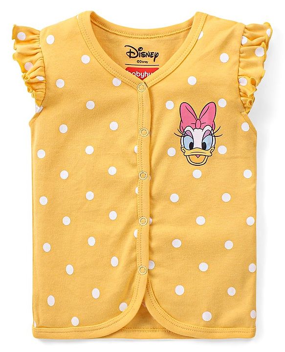 Babyhug Interlock Cotton Knit Frill Sleeves Front Open Jhablas With Minnie Mouse & Daisy Duck Graphics Pack of 3 - Pink Yellow & Blue