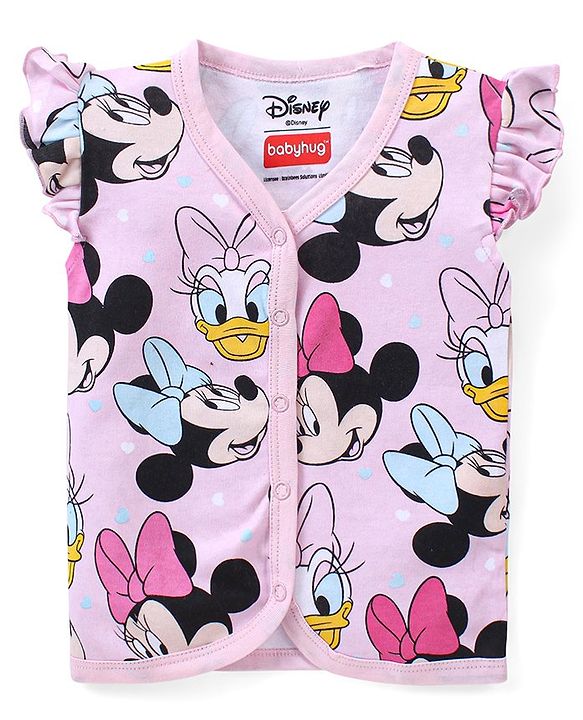 Babyhug Interlock Cotton Knit Frill Sleeves Front Open Jhablas With Minnie Mouse & Daisy Duck Graphics Pack of 3 - Pink Yellow & Blue