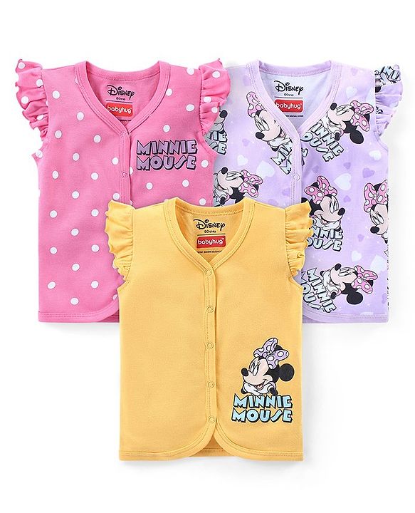 Babyhug Disney Interlock Knit Frill Sleeves Front Open Jhablas with Polka Dots &  Minnie Mouse Print Pack of 3 - Pink Yellow & Purple
