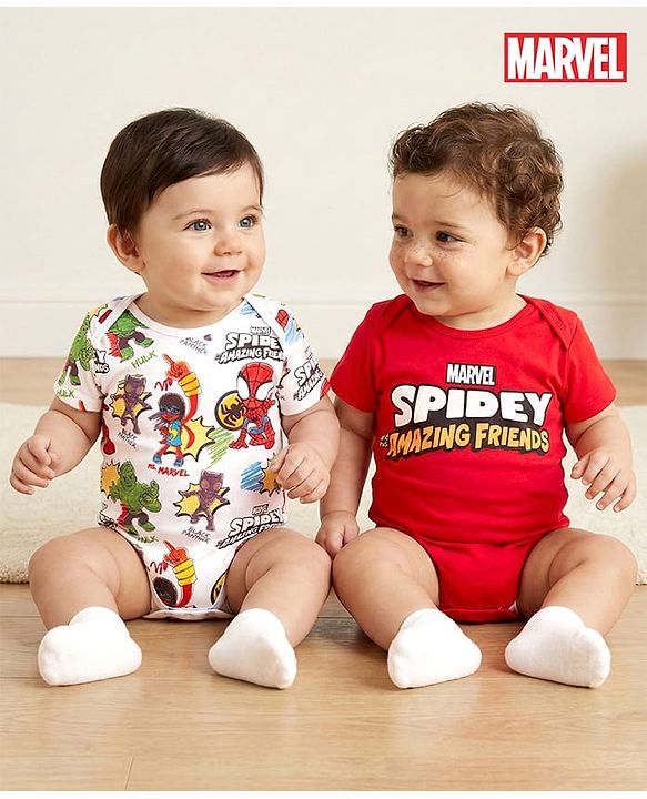 Babyhug Marvel Interlock Knit Half Sleeves Onesies With Spiderman Graphics Pack Of 2 - White & Red