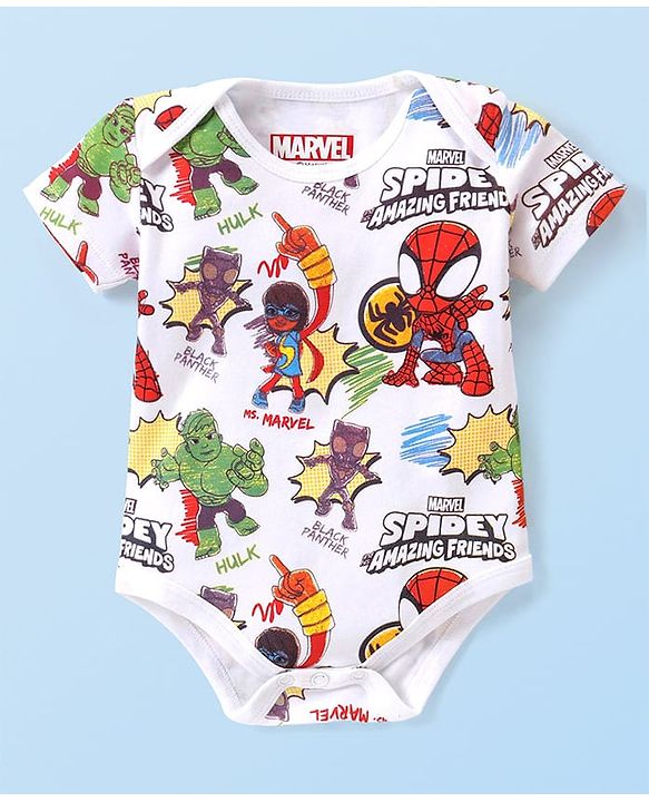Babyhug Marvel Interlock Knit Half Sleeves Onesies With Spiderman Graphics Pack Of 2 - White & Red