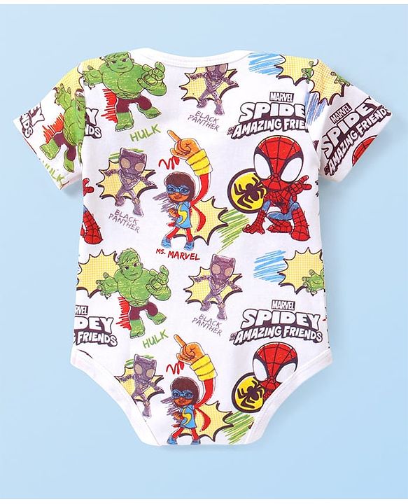 Babyhug Marvel Interlock Knit Half Sleeves Onesies With Spiderman Graphics Pack Of 2 - White & Red