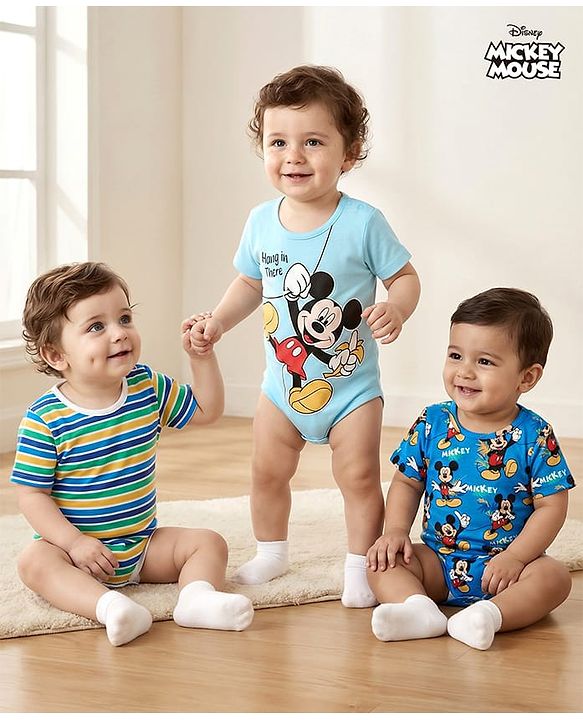 Babyhug Disney Cotton Knit Half Sleeves Onesies with Mickey Mouse Graphics Pack of 3 - Multicolour