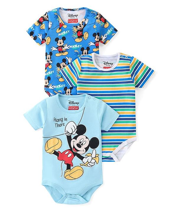 Babyhug Disney Cotton Knit Half Sleeves Onesies with Mickey Mouse Graphics Pack of 3 - Multicolour