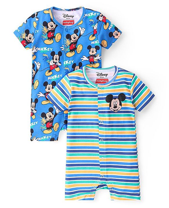Babyhug Disney Interlock Knit Half Sleeves Rompers With Mickey Mouse Print Pack of 2 - Blue