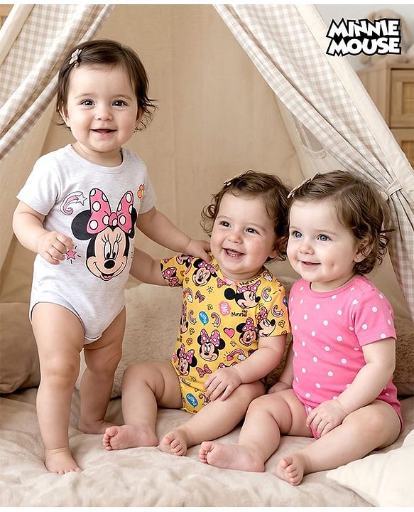 Babyhug Disney Interlock Knit Half Sleeves Onesies with Minnie Mouse Graphics Pack of 3- Multicolor