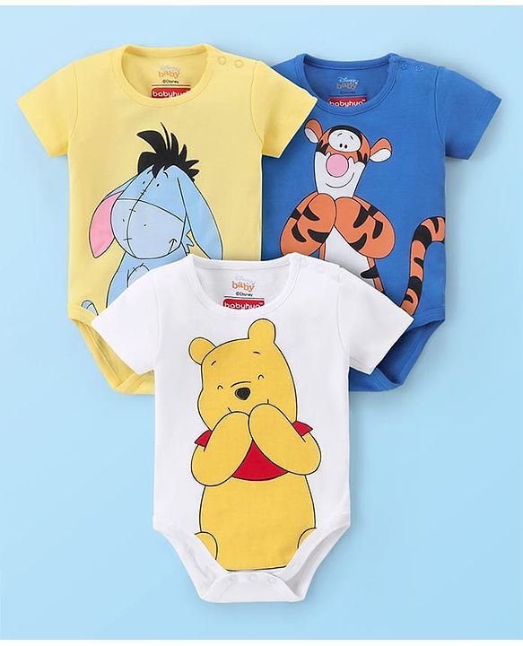 Babyhug Disney Cotton Knit Half Sleeves Onesies with Winnie The Pooh Graphics Pack of 3 - Multicolour