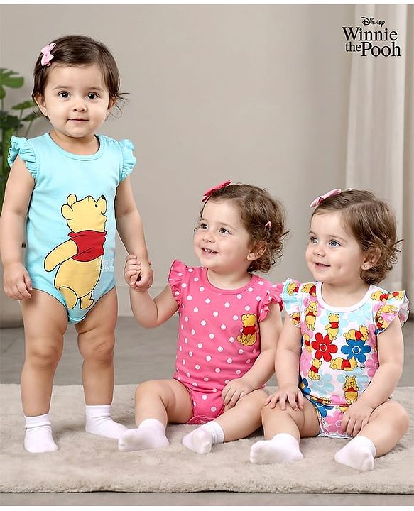 Babyhug Disney Cotton Knit Frill Sleeves Onesies with Winnie The Pooh Graphics Pack Of 3 - Multicolour