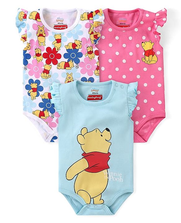 Babyhug Disney Cotton Knit Frill Sleeves Onesies with Winnie The Pooh Graphics Pack Of 3 - Multicolour