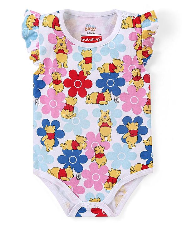 Babyhug Disney Cotton Knit Frill Sleeves Onesies with Winnie The Pooh Graphics Pack Of 3 - Multicolour