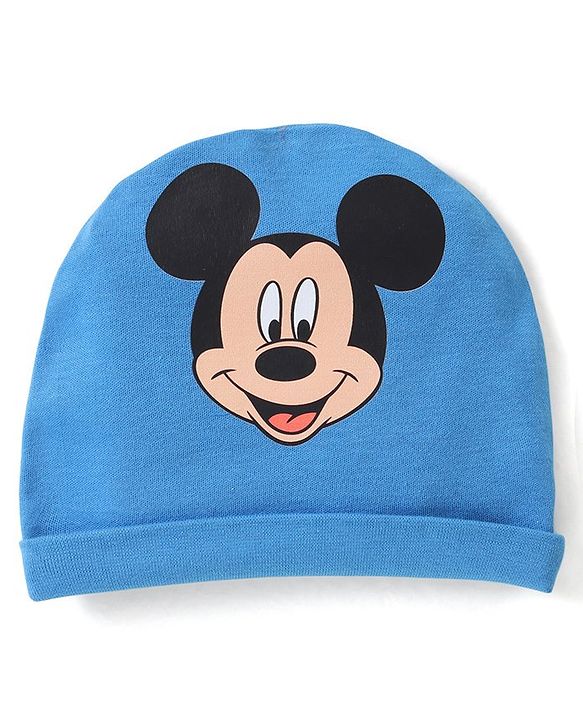Babyhug Disney Cotton Cap Mittens & Booties Set With Mickey Mouse Graphics - Blue