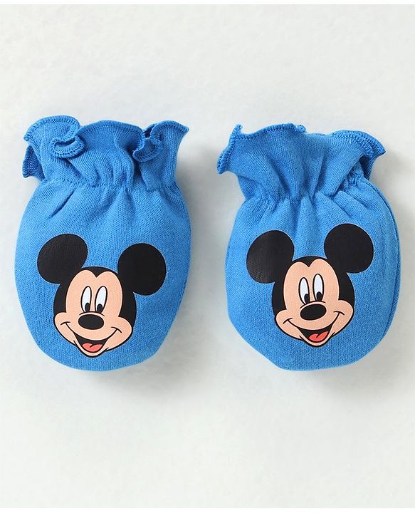 Babyhug Disney Cotton Cap Mittens & Booties Set With Mickey Mouse Graphics - Blue