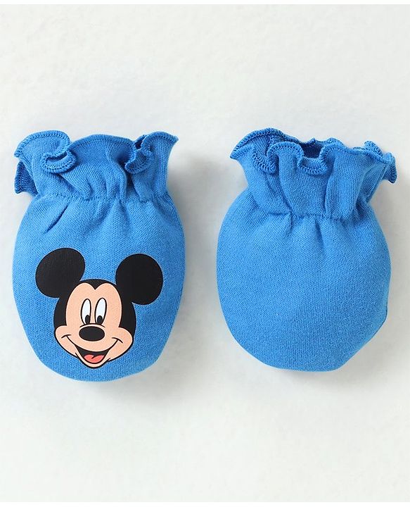 Babyhug Disney Cotton Cap Mittens & Booties Set With Mickey Mouse Graphics - Blue