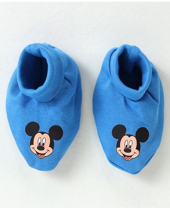 Babyhug Disney Cotton Cap Mittens & Booties Set With Mickey Mouse Graphics - Blue