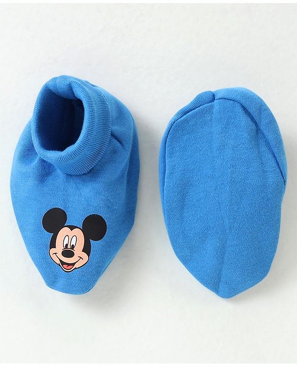 Babyhug Disney Cotton Cap Mittens & Booties Set With Mickey Mouse Graphics - Blue