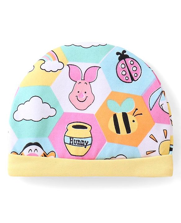 Babyhug Disney 100% Cotton Knit Cap Mitten & Booties With Winnie the Pooh Graphics - Blue