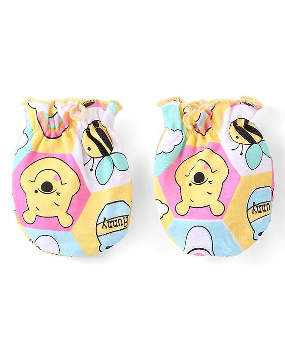 Babyhug Disney 100% Cotton Knit Cap Mitten & Booties With Winnie the Pooh Graphics - Blue