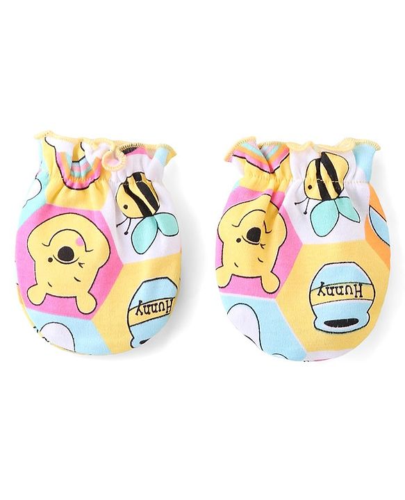 Babyhug Disney 100% Cotton Knit Cap Mitten & Booties With Winnie the Pooh Graphics - Blue