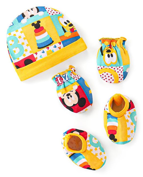 Babyhug Disney  Cap Mitten & Booties With Mickey Mouse All Over Print- Yellow