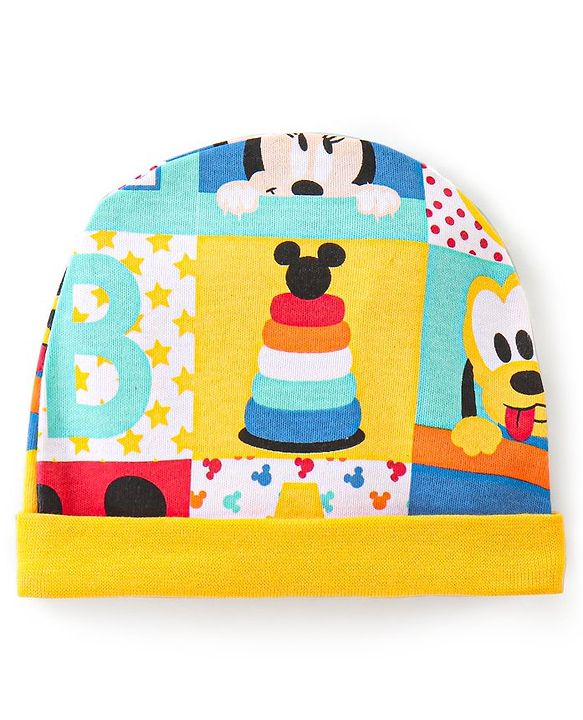 Babyhug Disney  Cap Mitten & Booties With Mickey Mouse All Over Print- Yellow