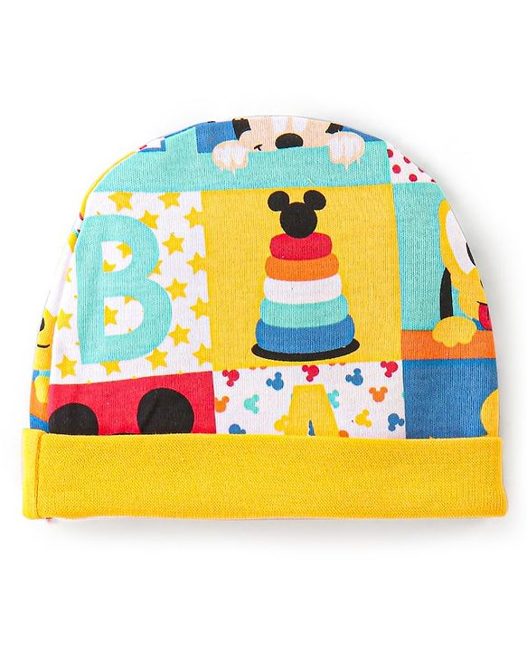 Babyhug Disney  Cap Mitten & Booties With Mickey Mouse All Over Print- Yellow