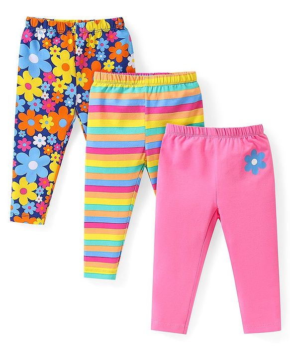 Babyhug Cotton Knit  Full Length  Leggings with Striped and Floral Print Pack of 3 - Multicolour