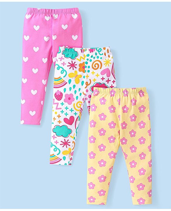 Babyhug Cotton Knit Full Length Leggings Floral & Heart Print Pack of 3  - Multicolour