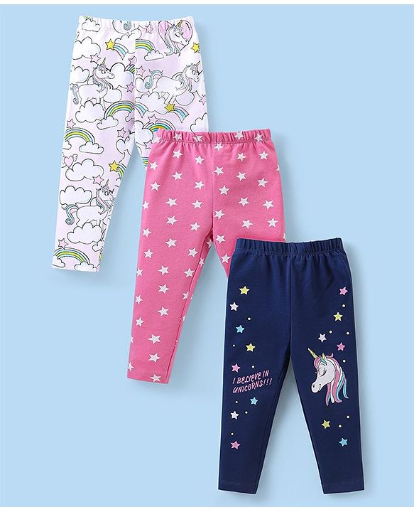 Babyhug Cotton Knit Full Length Leggings with Star &  Unicorn Print Pack of 3 - Multicolour