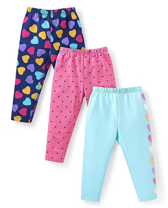 Babyhug Cotton Knit Full  Length Leggings Polka Dots &  Heart Print Pack of 3 - Multicolour