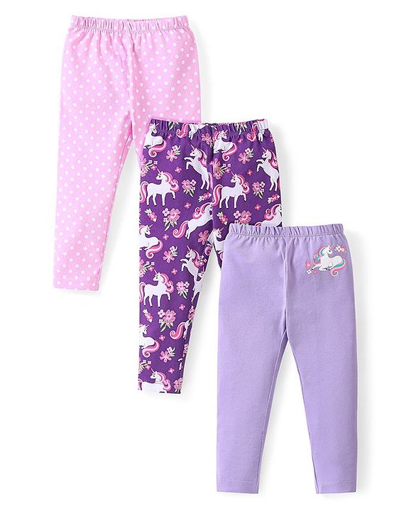 Babyhug Cotton Knit Full Length Leggings with Polka Dots & Unicorn Print Pack of 3 - Multicolour