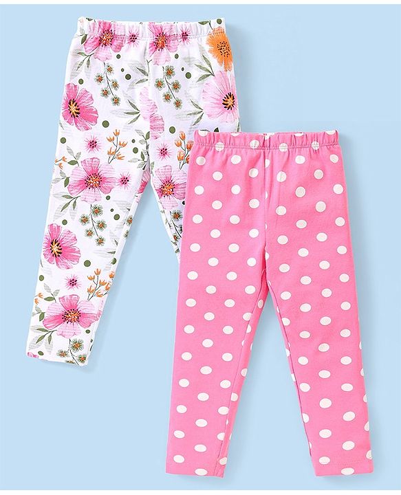 Babyhug Cotton Lycra Knit Full Length Leggings with Floral & Polka Dot Print Pack of  2 - Multicolour