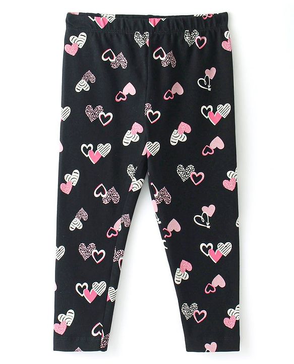 Babyhug Cotton Lycra Knit Full Length Leggings with Heart  Print  - Black