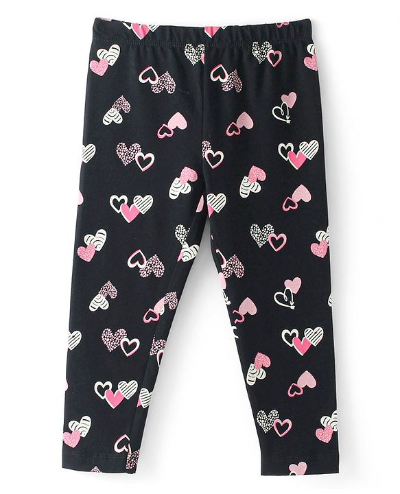 Babyhug Cotton Lycra Knit Full Length Leggings with Heart  Print  - Black