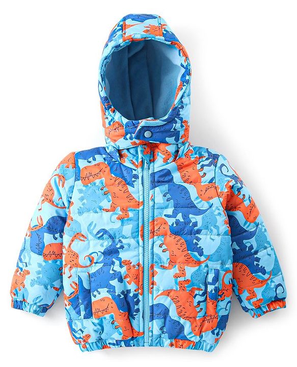 Babyhug Full Sleeves Hooded Jacket with Dino Print - Blue